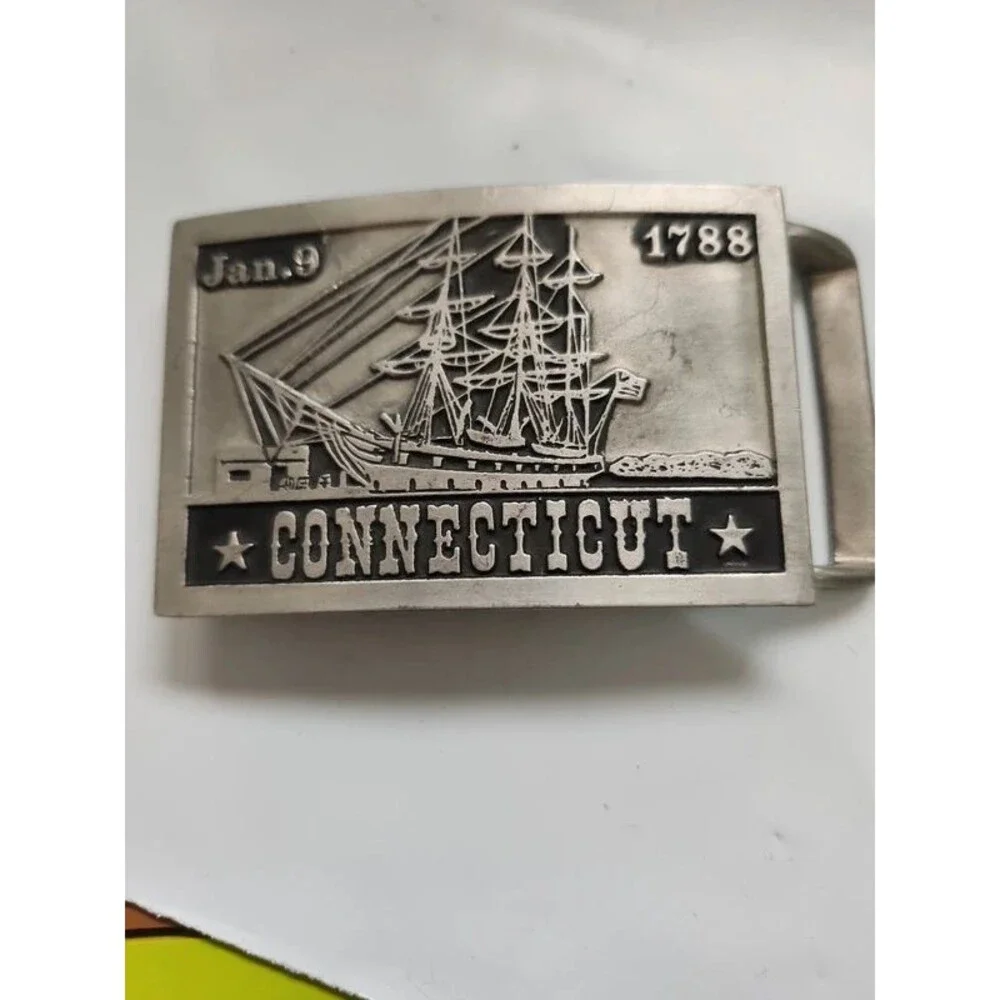 John McCann Pewter belt buckle  full mast sailing ship Connecticut  1788